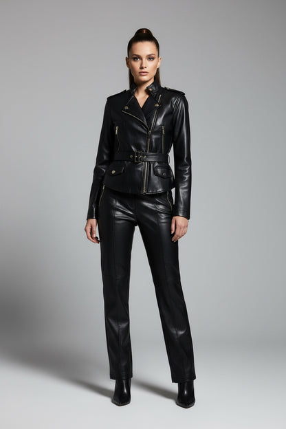 Black Belted Leather Jacket and Matching Trousers Set