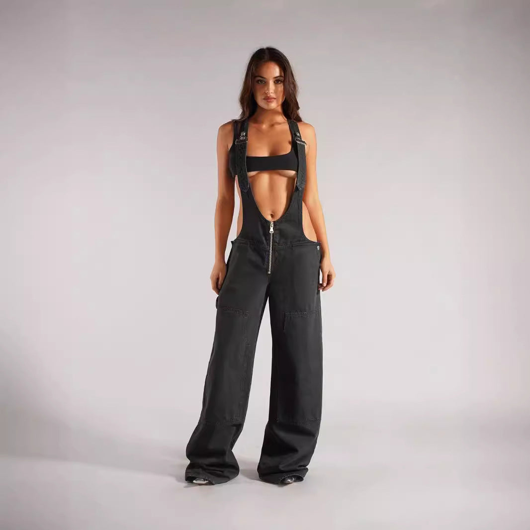 loose pocket wide leg Denim Jumpsuit