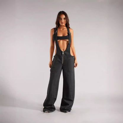 loose pocket wide leg Denim Jumpsuit