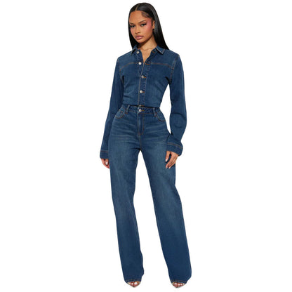 elastic long sleeved denim jumpsuit
