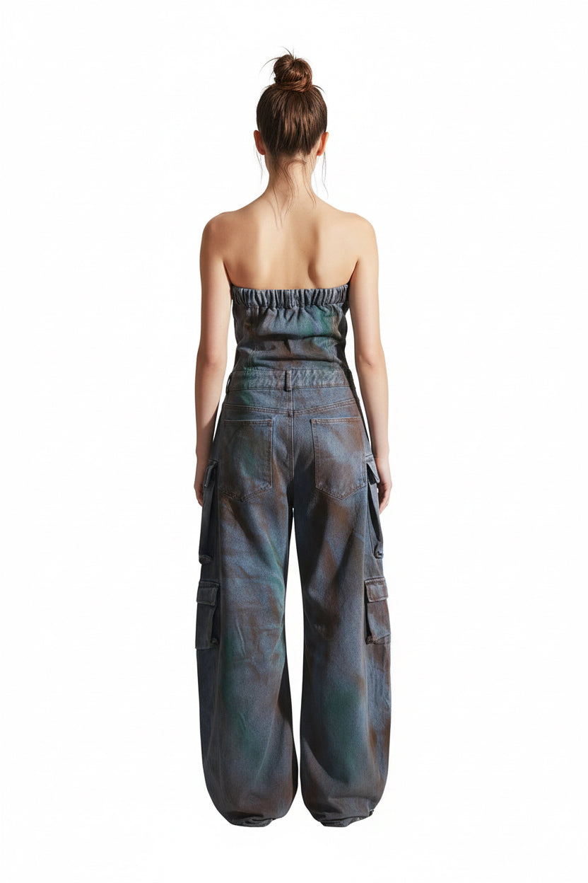Strapless Sleeveless Cargo Jumpsuit ,