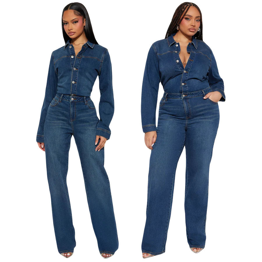 elastic long sleeved denim jumpsuit