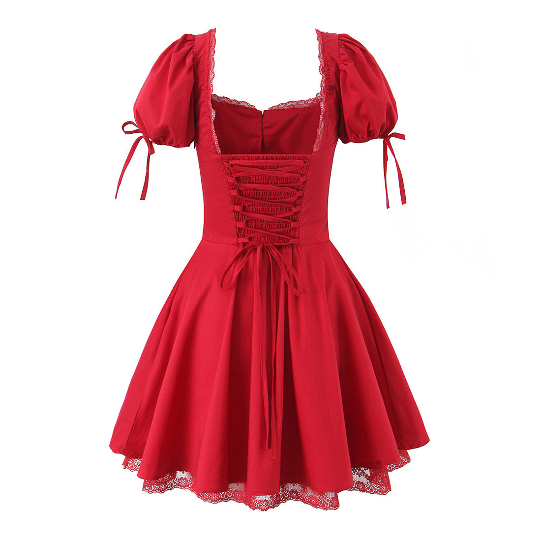 Square collar lace bubble short sleeved  Mini dress