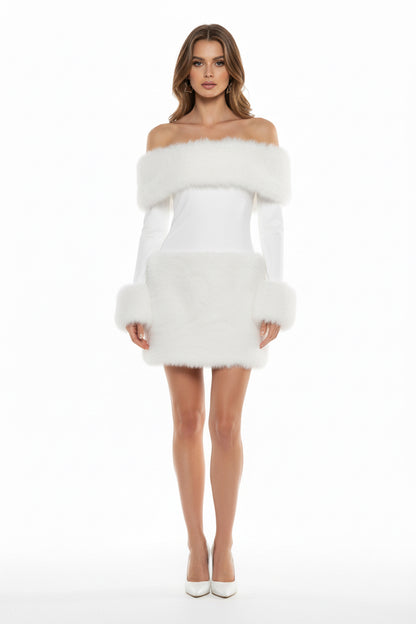 Black Off-the-Shoulder Faux Fur Trim Mini Dress