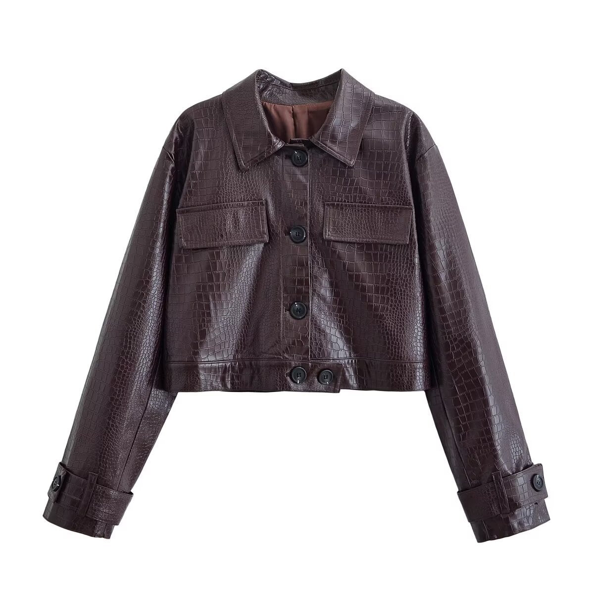 Women’s Dark Brown Croc-Embossed Leather Jacket and Trousers Set