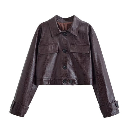 Women’s Dark Brown Croc-Embossed Leather Jacket and Trousers Set