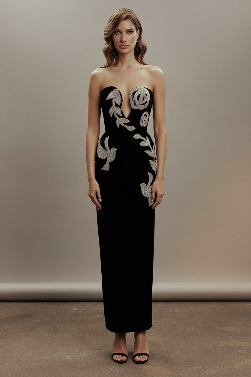 Elegant Backless Sequins Black Maxi Bodycon Evening Dress