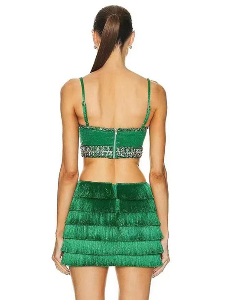 Spaghetti Strap Mini Crystal Green Dress