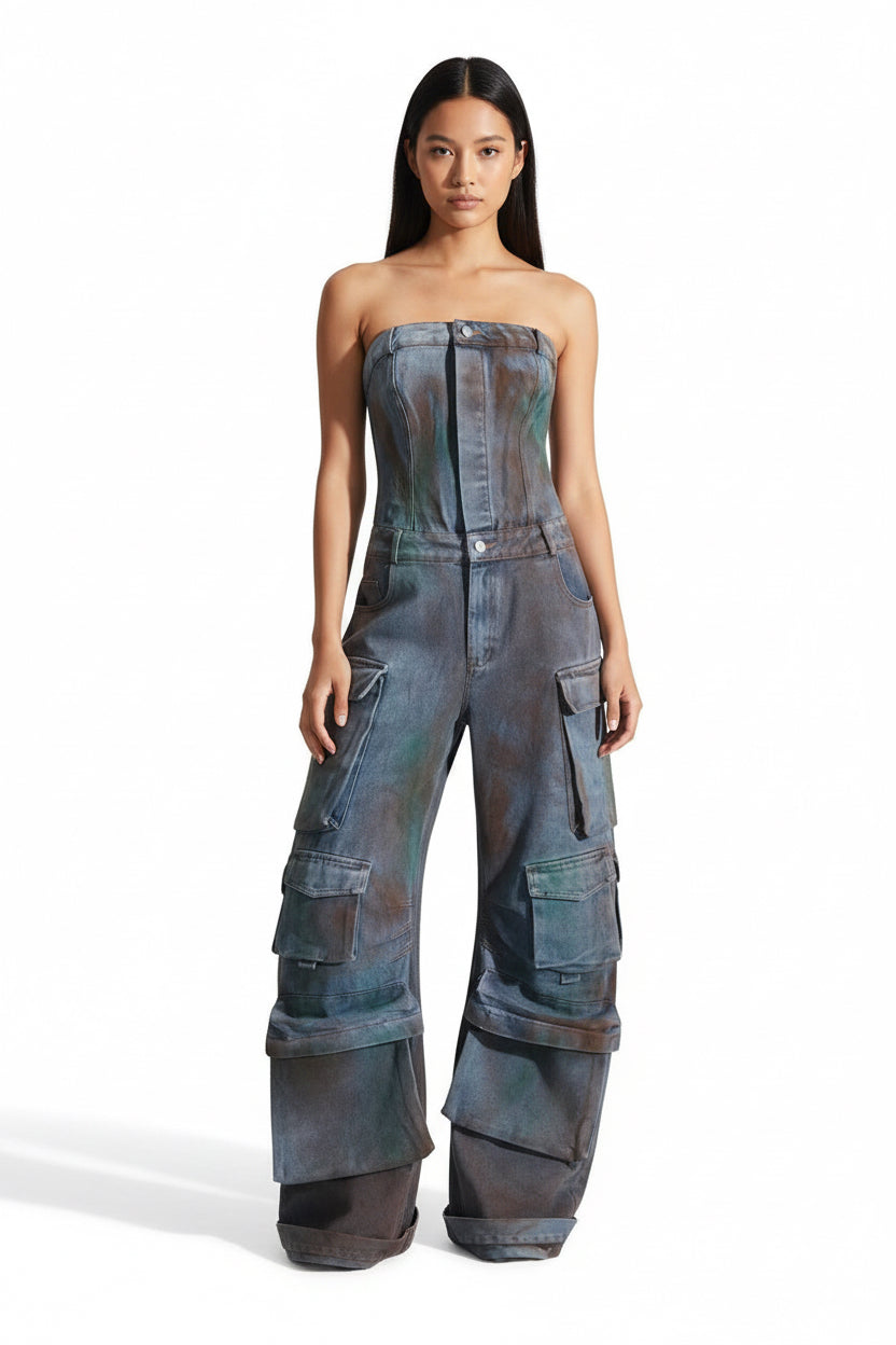 Strapless Sleeveless Cargo Jumpsuit ,