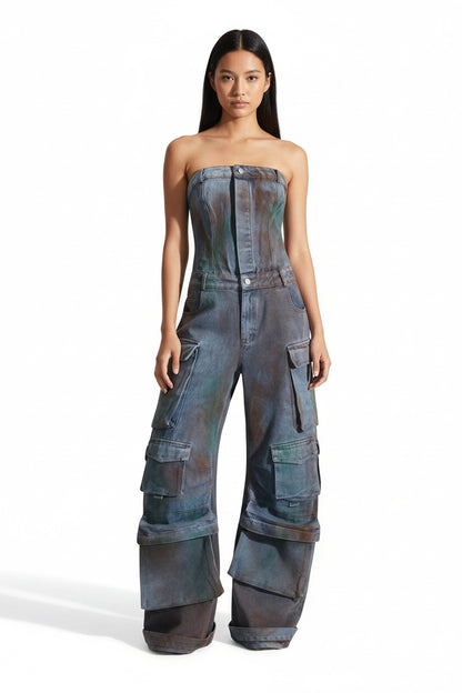 Strapless Sleeveless Cargo Jumpsuit ,