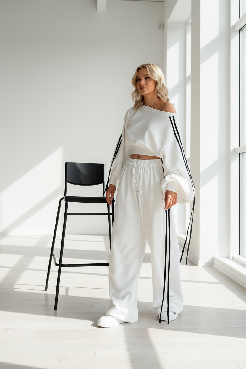 Off Shoulder White Tracksuit Set Women’s Casual Streetwear Outfit