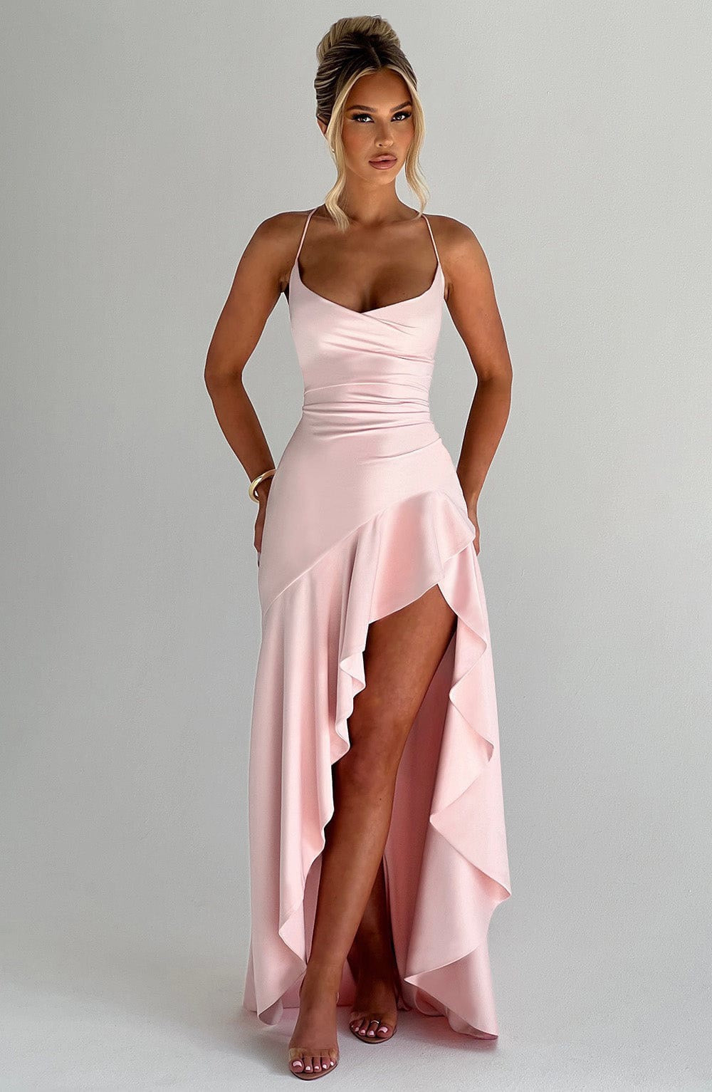 Satin  Ruffle Gown - Spaghetti Strap Cowl Neck Formal midi Dress