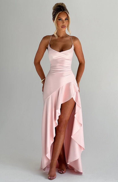 Satin  Ruffle Gown - Spaghetti Strap Cowl Neck Formal midi Dress