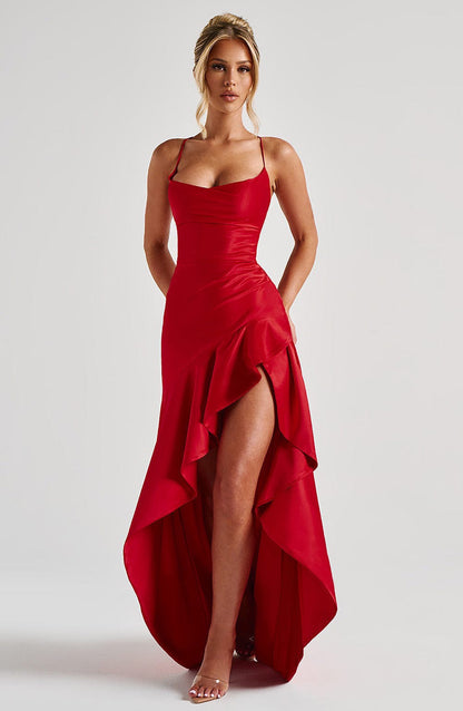 Satin  Ruffle Gown - Spaghetti Strap Cowl Neck Formal midi Dress