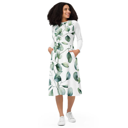 All-over print long sleeve midi dress