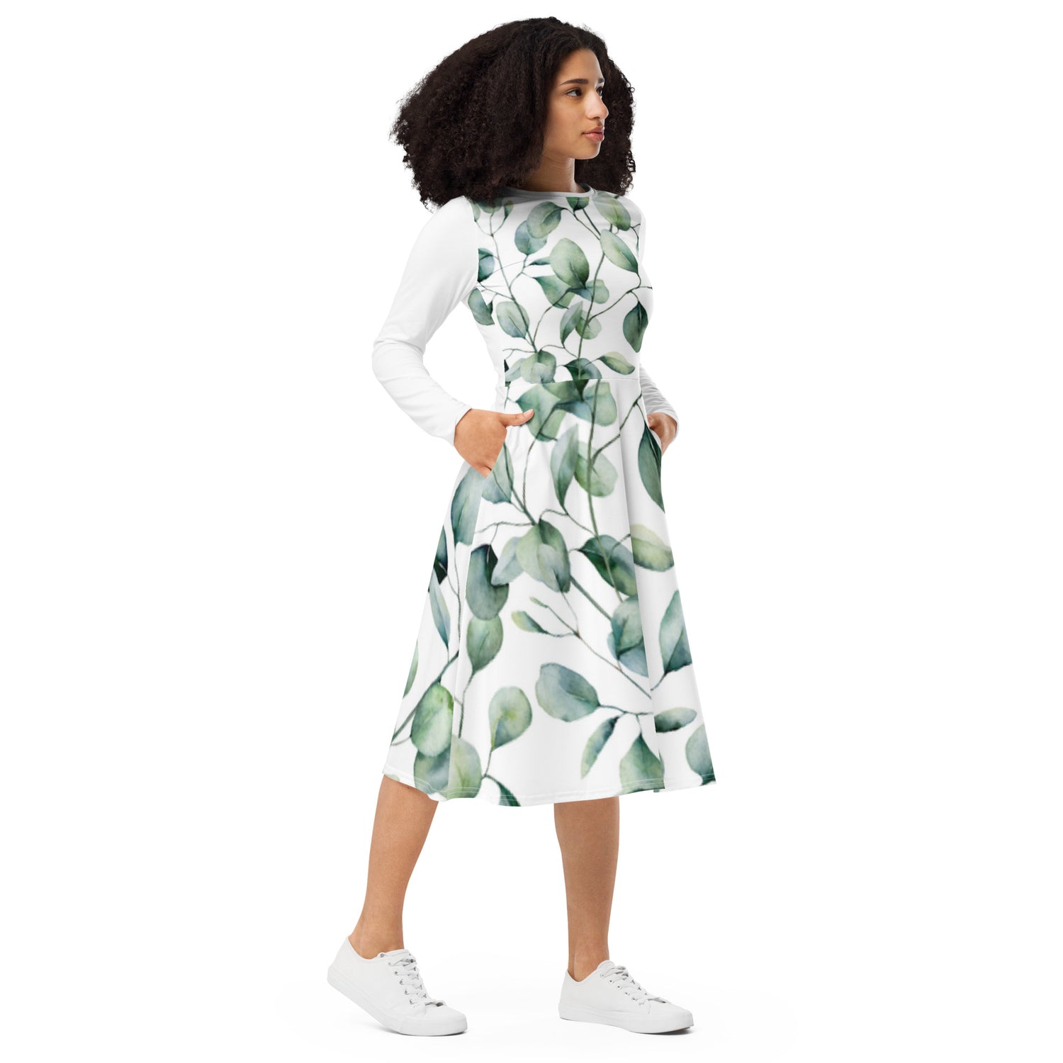 All-over print long sleeve midi dress