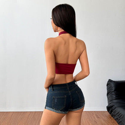 Burgundy Asymmetric Halter backless Top