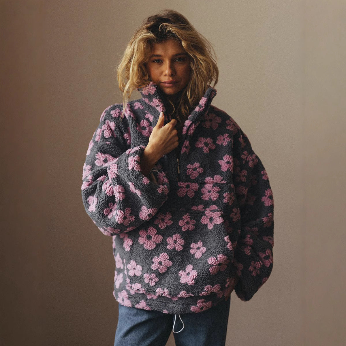 Floral Print Sherpa Pullover - Women&