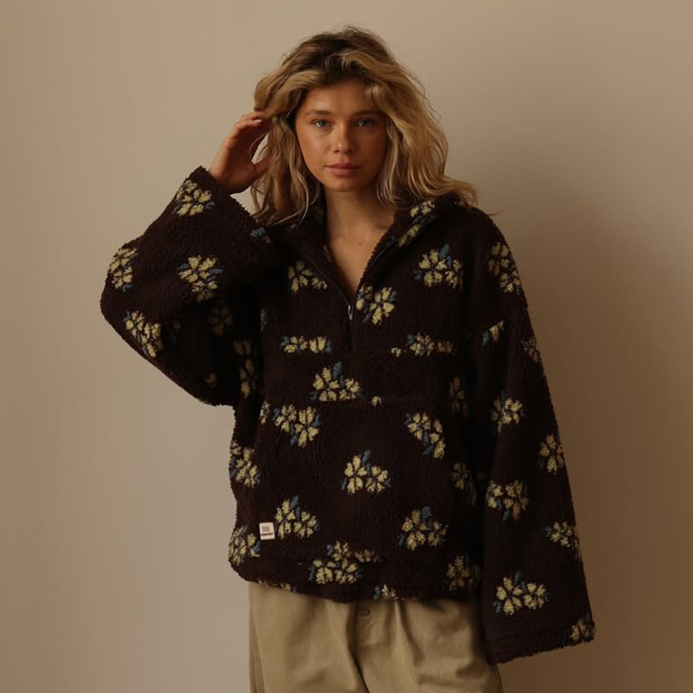 Floral Print Sherpa Pullover - Women&